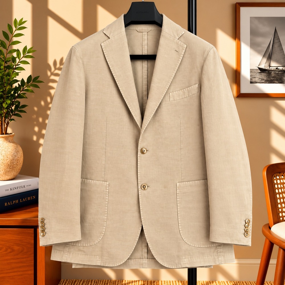 L.B.M. 1911 Linen Blazer Mens 46R Beige Textured Cotton Unstructured Italy 2837